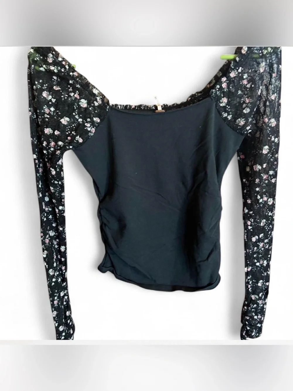 Free People Black Floral Mesh Long Sleeve Square Neck Top